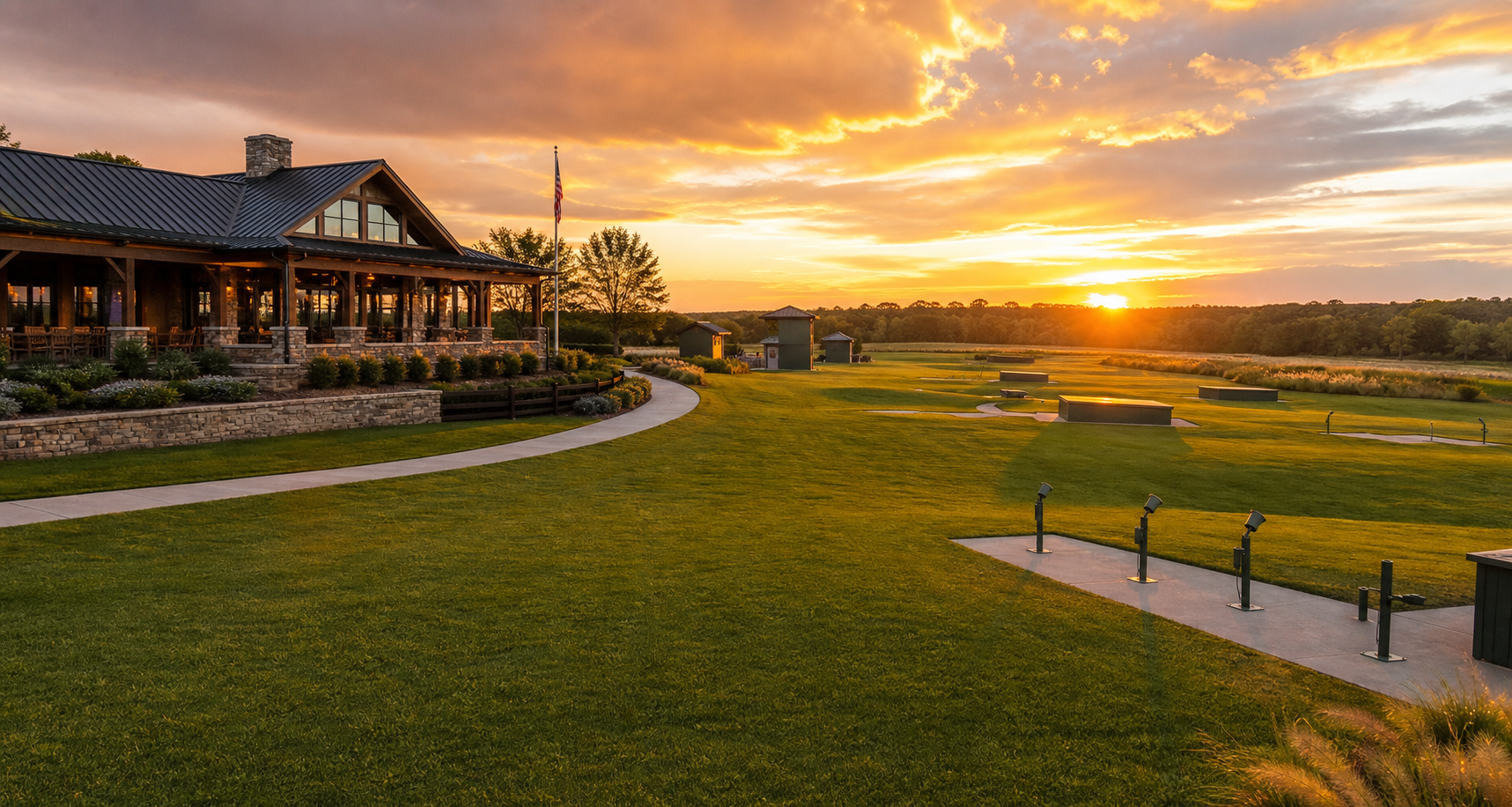 Beautiful trap range and clubhouse at sunset.