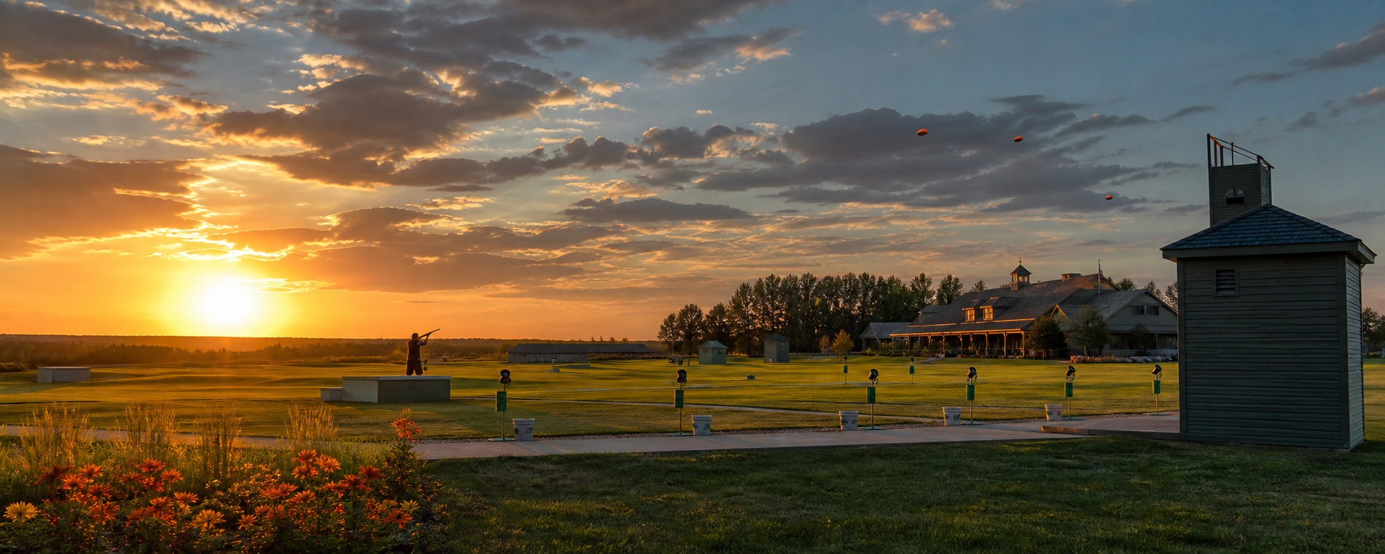 Sunset view across a trap field with a shooter on the line and a clubhouse in the distance.